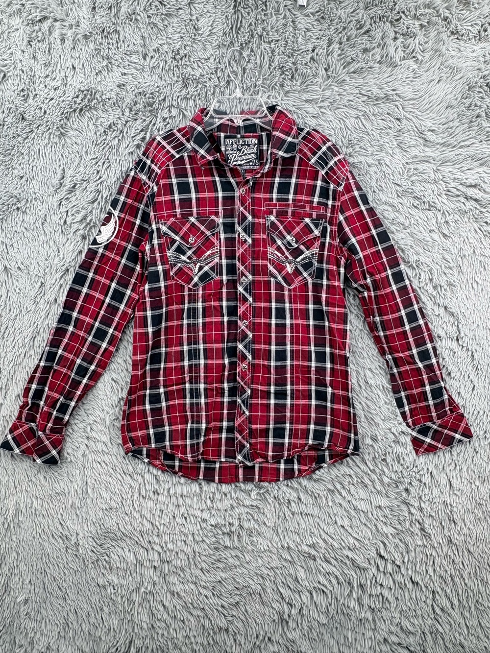 Affliction Black Premium Button Shirt Mens Medium Red Plaid Sematary  Flannel